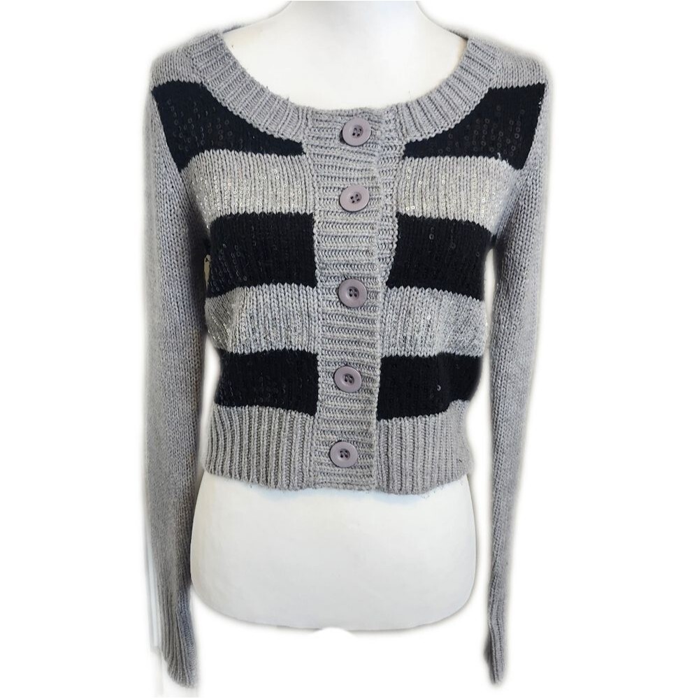 Daytrip Gray & Black Striped Button Front Crop Cardigan, Sequin Detail, M